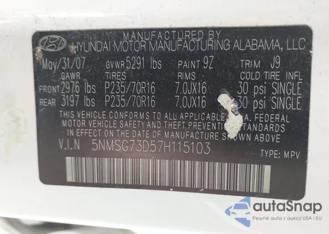 2007 Hyundai Santa Fe Gls from USA, damaged, VIN 5NMSG73D57H115103